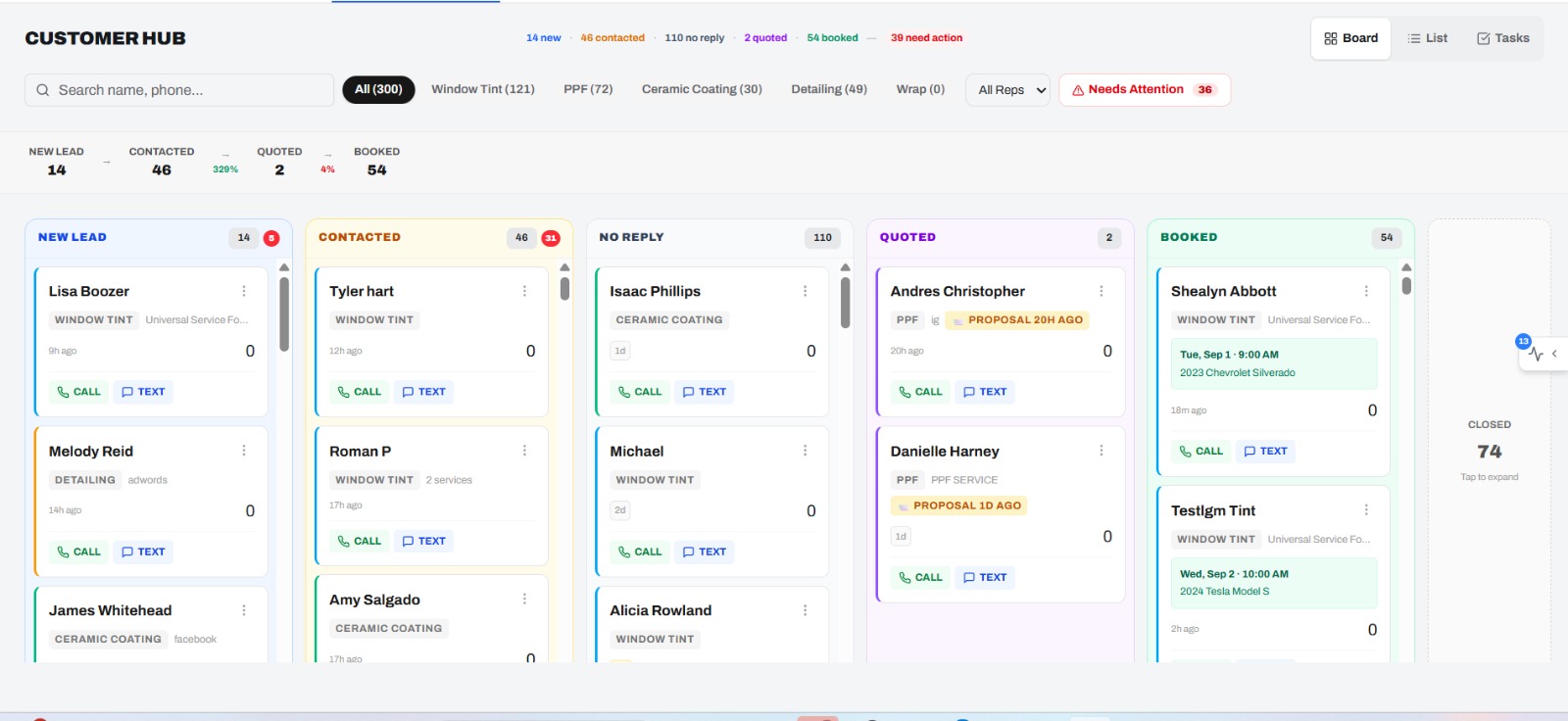 Customer hub: every lead on a board, with the next action attached.